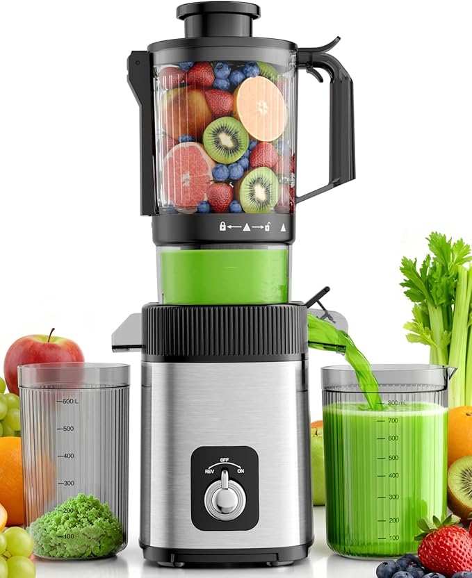 Kismile Cold Press Juicer, Juicer Machines Vegetable and Fruit, 4.35" Wide Feed Chute, Slow Masticating Juice Maker with Reverse Function, Electric Juicers Easy to Clean, Stainless Steel Juicer