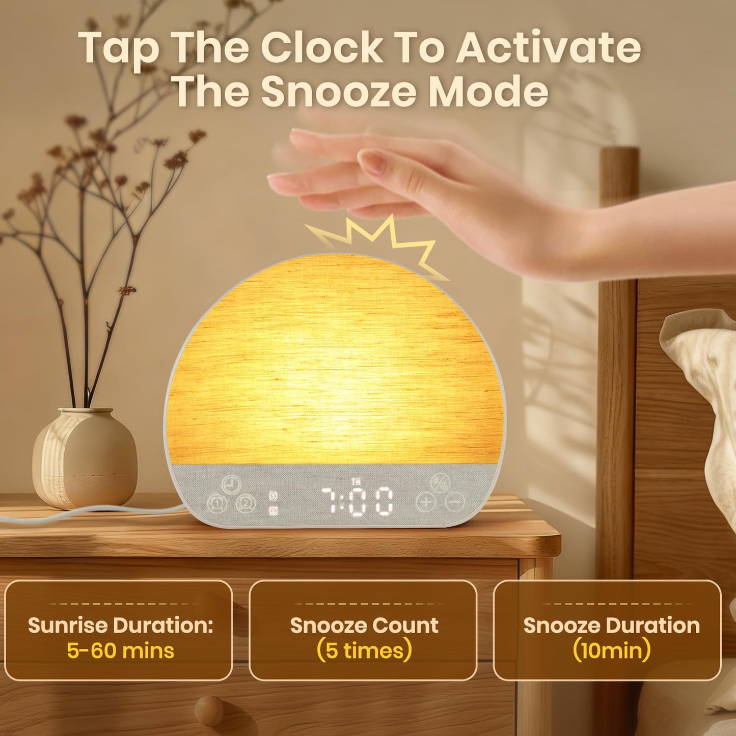 JONRRYIN Sunrise Alarm Clock, Sound Machine Alarm Clock for Bedroom| Wake Up Light for Heavy Sleepers Gift- Bluetooth, Tap to Snooze, USB Charging, 37 Sounds, 15 Colors, Timer, Dual Alarms, Dimmable