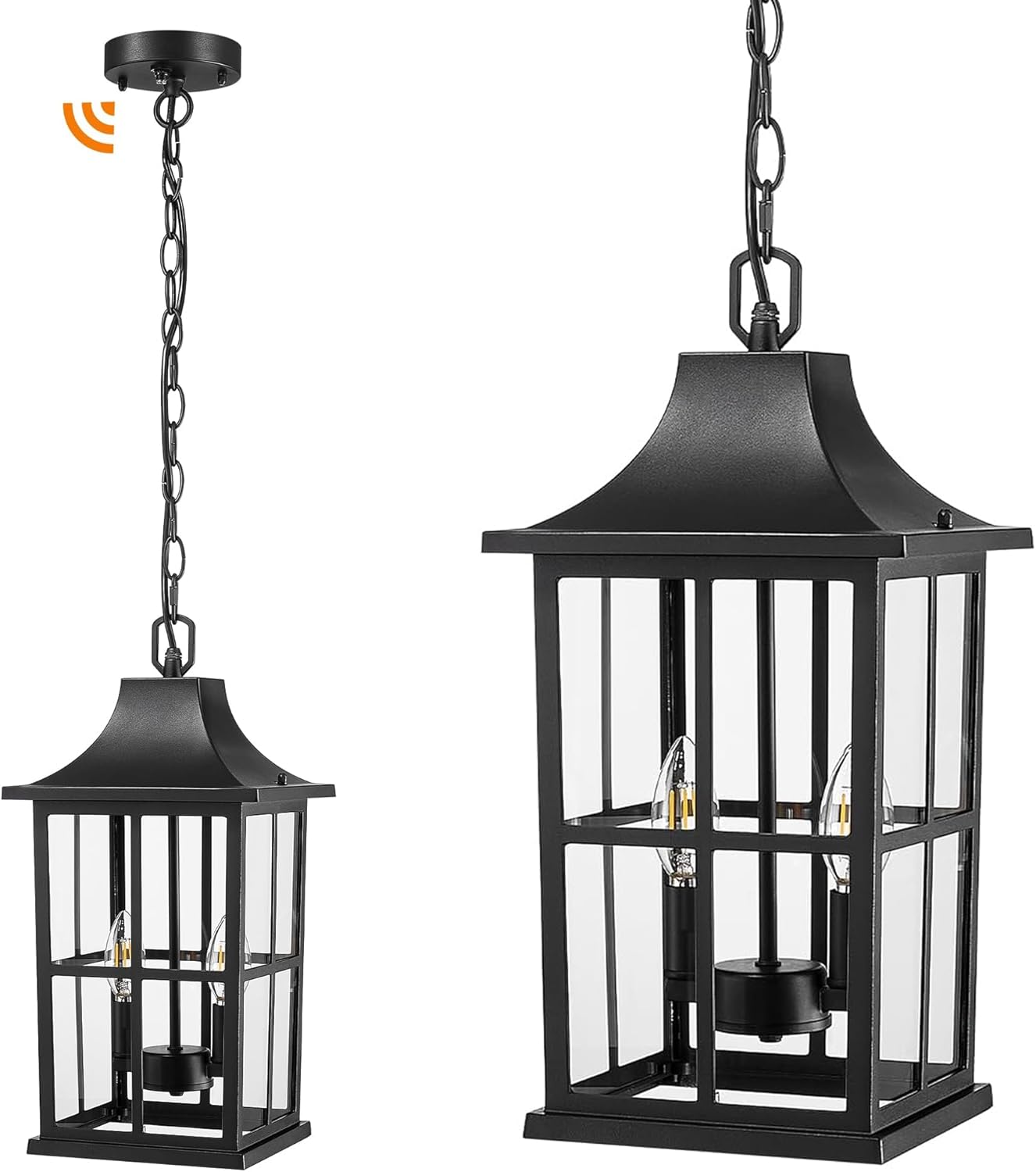 Emliviar Dusk to Dawn 2-Light Large Porch Light Outside Chandelier for Yard, 15.4" Black Hanging Lantern Light Fixture with E12 Base, Clear Glass, YXE306H-M-PC BK