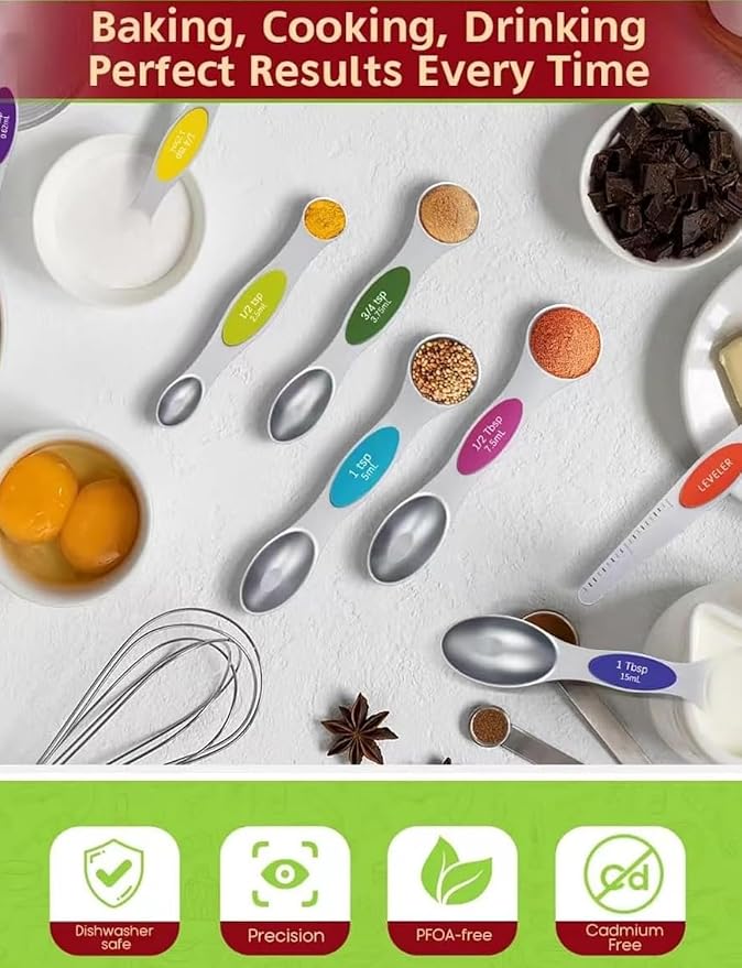 Premium Magnetic Measuring Spoons Set|Strong N52 Magnets|Heavy Duty Stainless Steel|Dual-Sided for Spice Jar & Liquid Measuring|Dishwasher Safe|7 Spoons with Leveler for Baking & Cooking (Colorful)