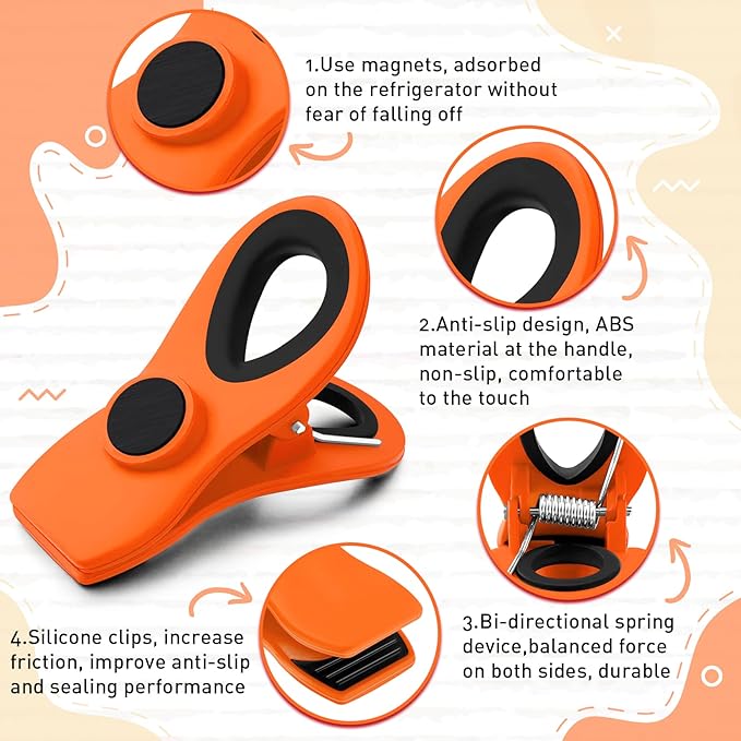 FINDMAG 12 Pack Big Chip Clips, Orange Magnetic Clip for Plants, Plastic Snack Clip for Bags, Food Sealing Clips with Magnet for Chips, Snacks, Fridge and Food Organization