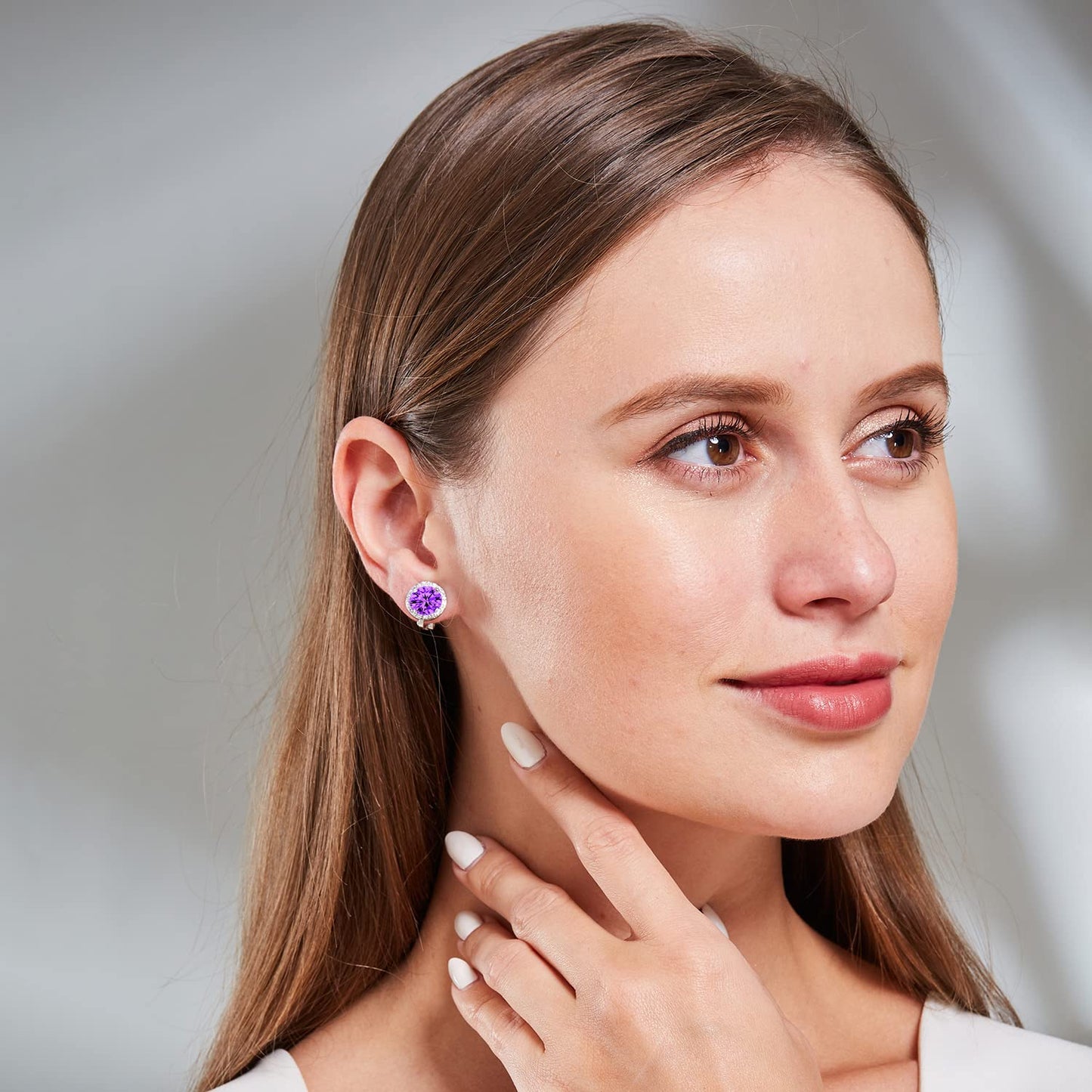 YOQUCOL 8MM Purple Cubic Zirconia Crystal Clip On Stud Earrings Round Non Pierced Earrings For Women