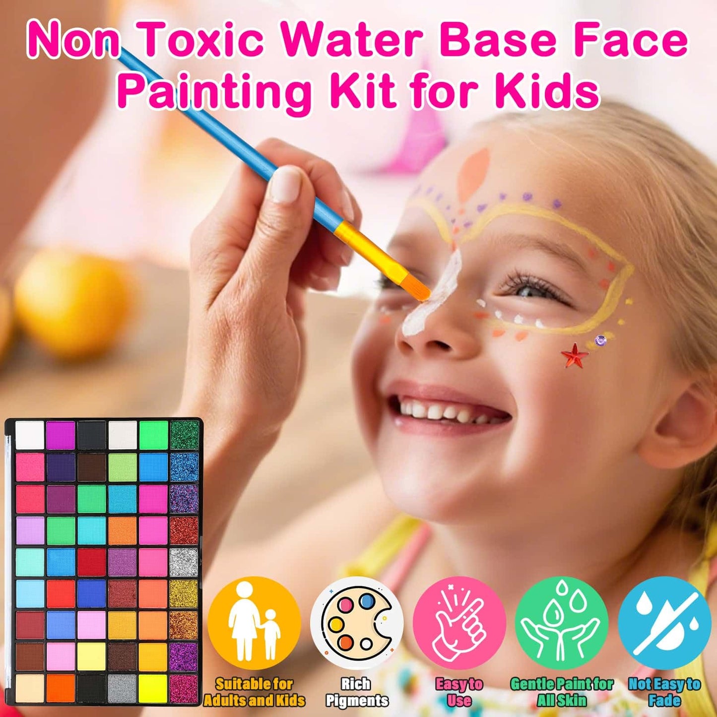 Professional Face Painting Kit for Kids and Adults - 54 Color Water Activated Cosplay Makeup Kit, Non-Toxic Body Paint with Sten