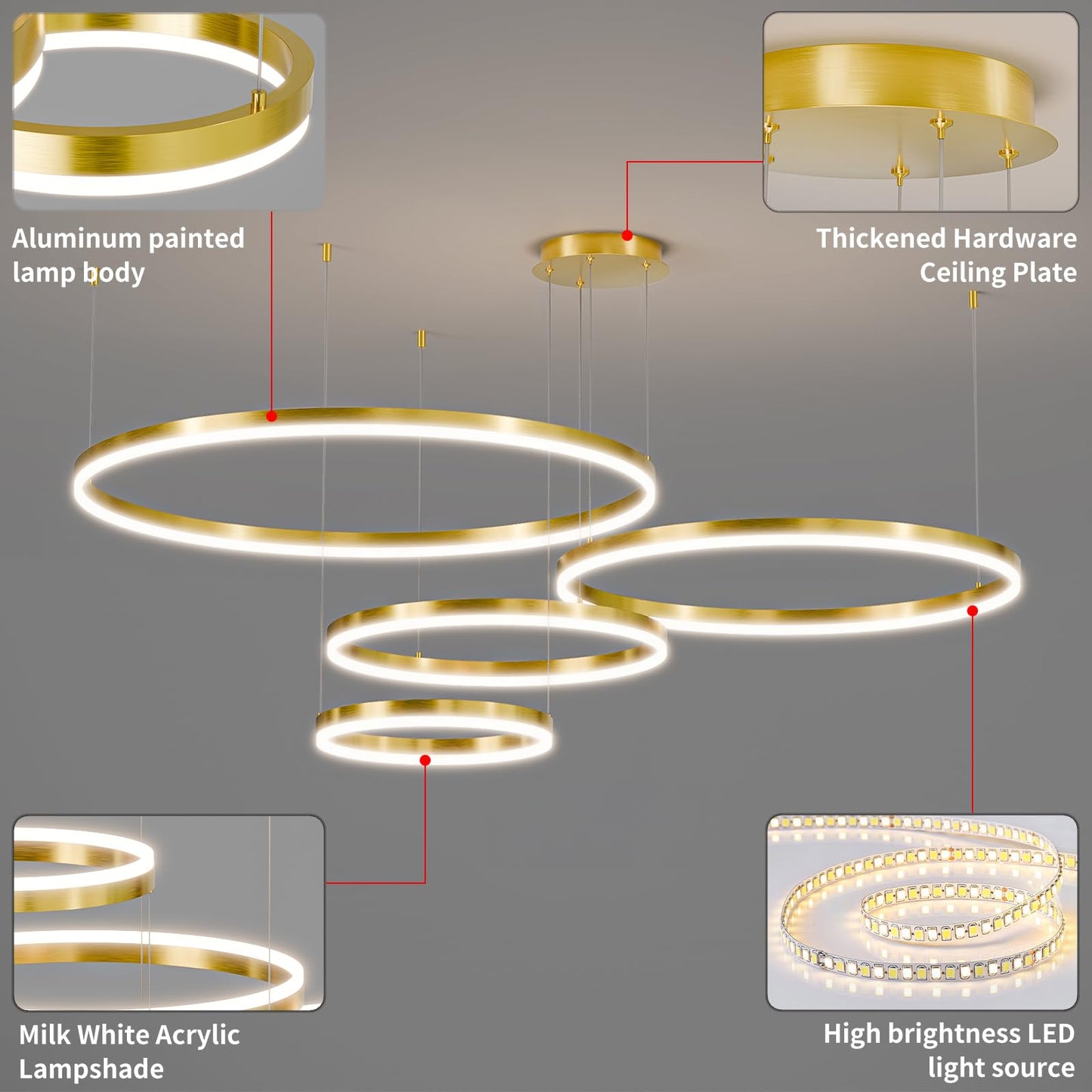 Matven Modern Dimmable Chandelier Light, Remote Control, 3 Color Modes, 39.3in, Gold, Acrylic, Model KD-YX