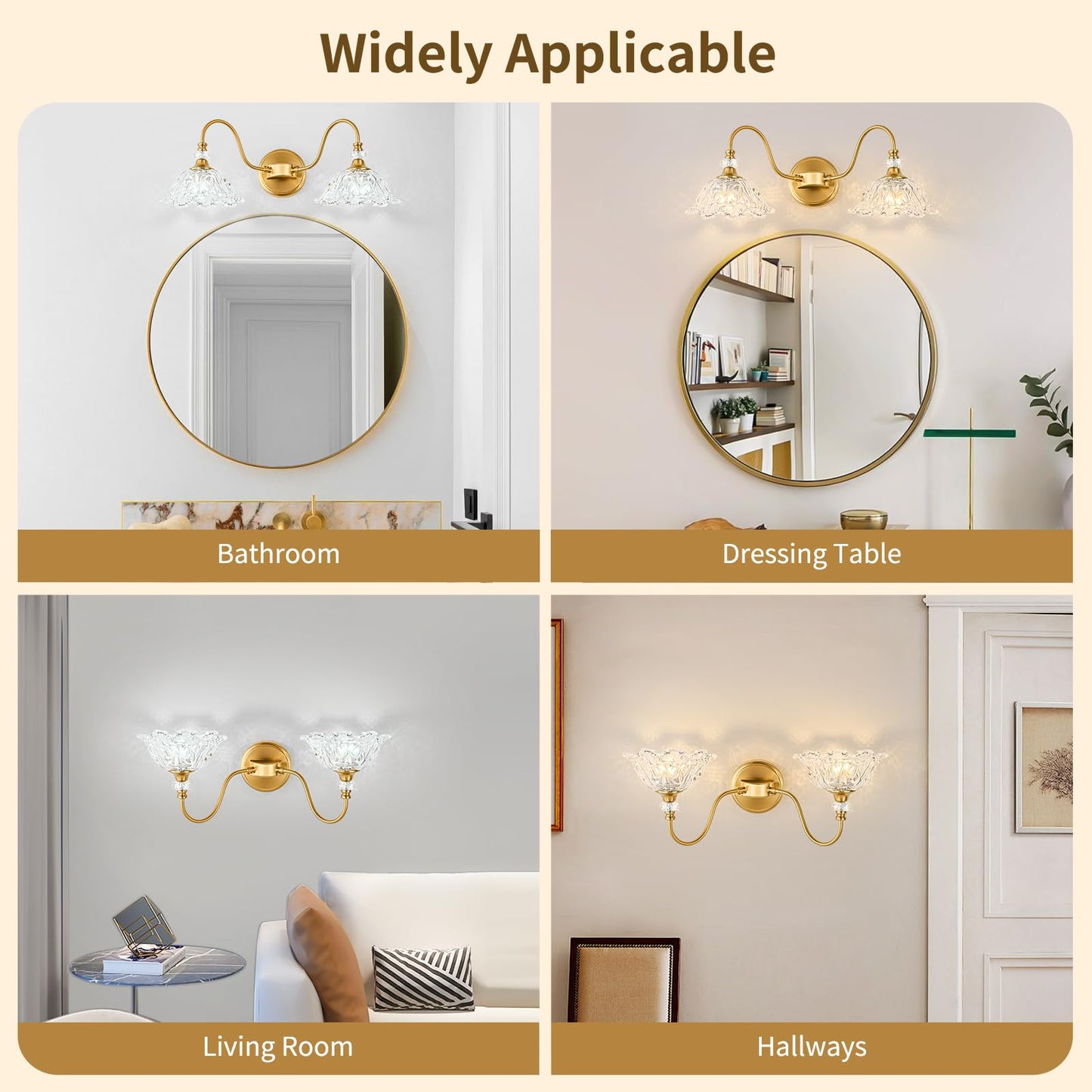 Sunkryster Gold Bathroom Vanity Light  2-Light Brushed Gold Finish Vanity Light With Floral Clear Glass Shades  Retro Wall Mount Lighting For Bathroom  Dressing Table