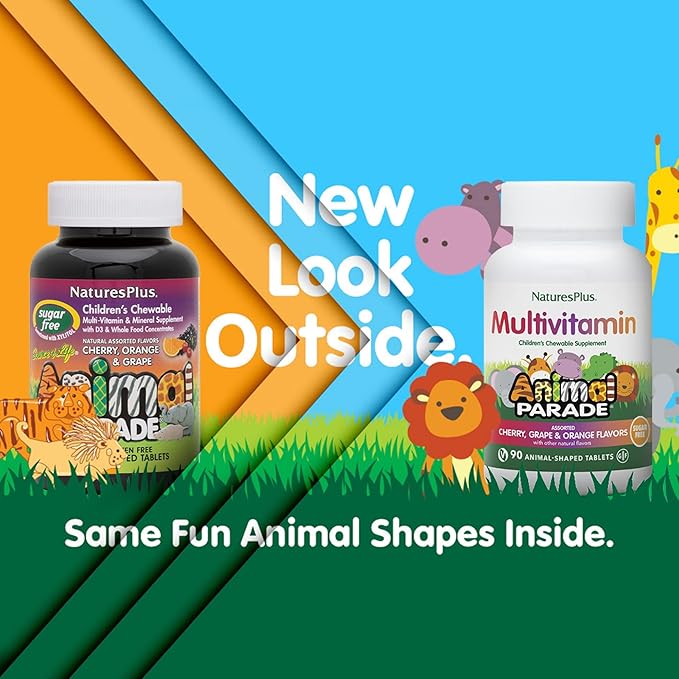 Natures Plus Animal Parade Sugar-Free Children's Multivitamin - Assorted Cherry, Grape & Orange Flavors - Pack of 2, 90 Chewable Tablets - 90 Total Servings