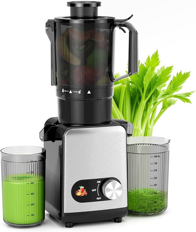 Crzoe Cold Press Juicer with a 4.35 Wide Feed Chute for Whole Fruits and Vegetables, Knob control, Slow Masticating juicer, Easy to Clean Low noise and High juice Yield, Stainless Steel