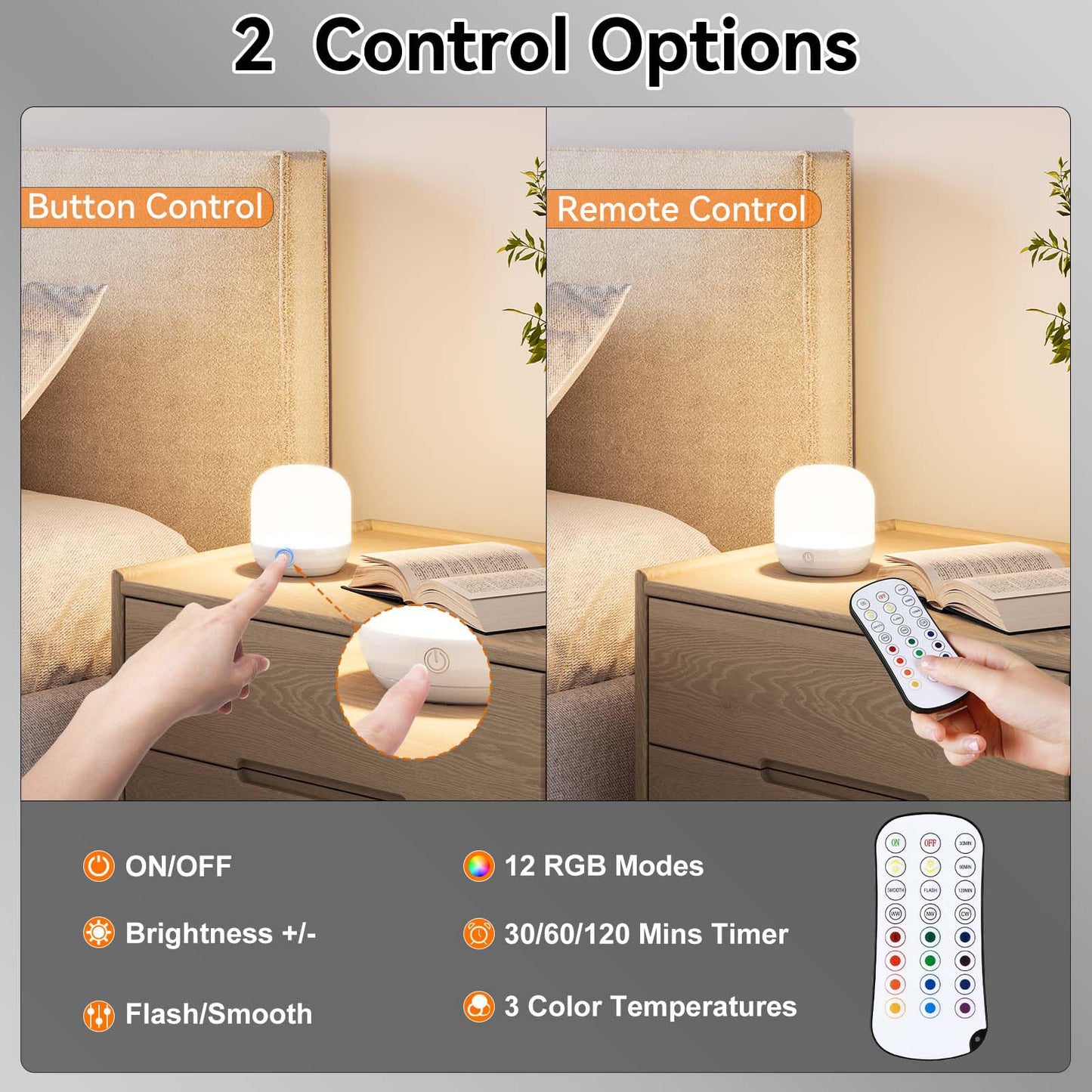 SUNMORY Rechargeable Night Light Table Lamp, Dimmable, Small, Metal, White, Model F00085014A, 12 RGB Colors, Timer & Remote Control