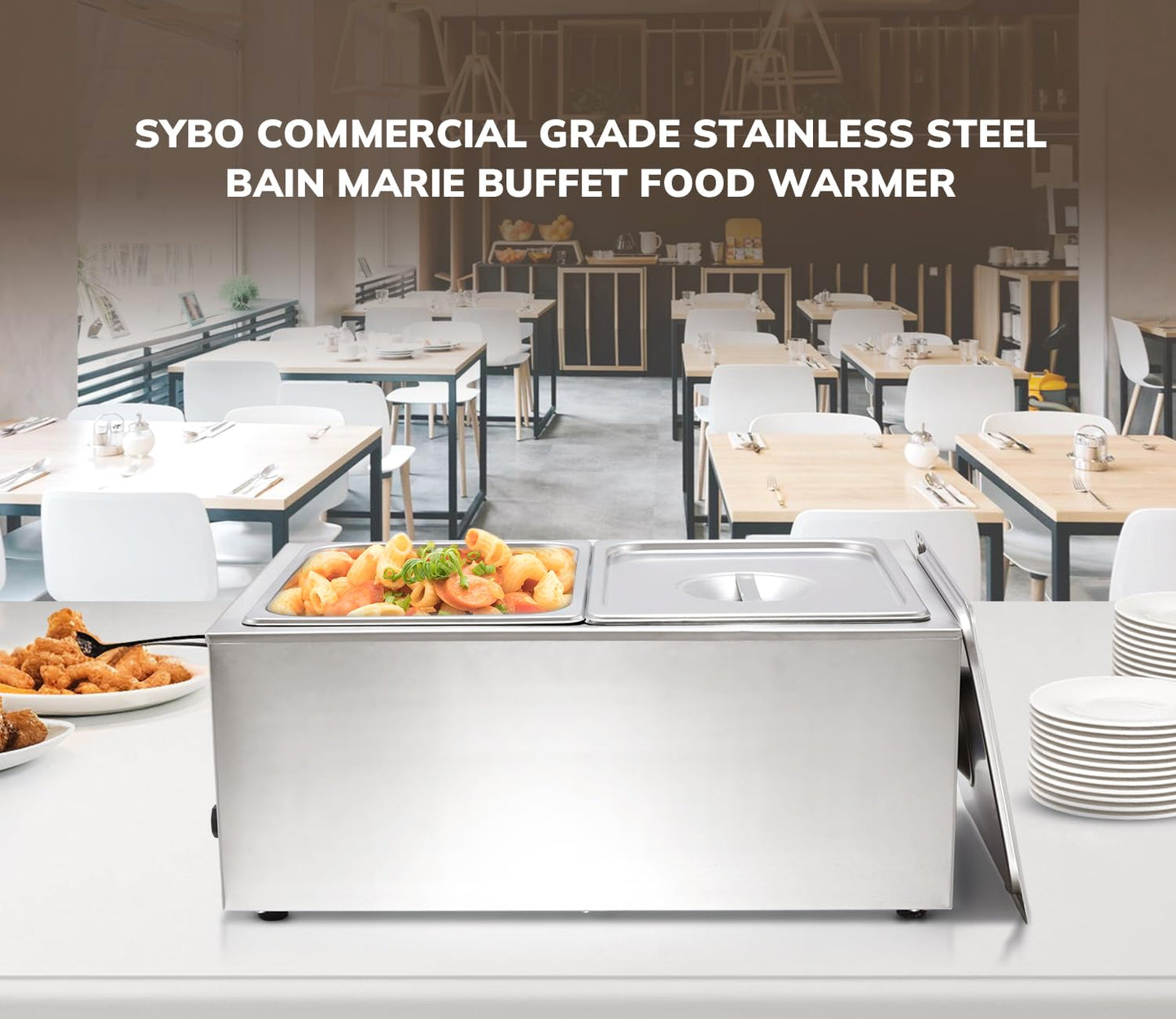 SYBO Commercial Grade Stainless Steel Bain Marie Buffet Food Warmer Steam Table for Catering and Restaurants (2 Sections with Tap)