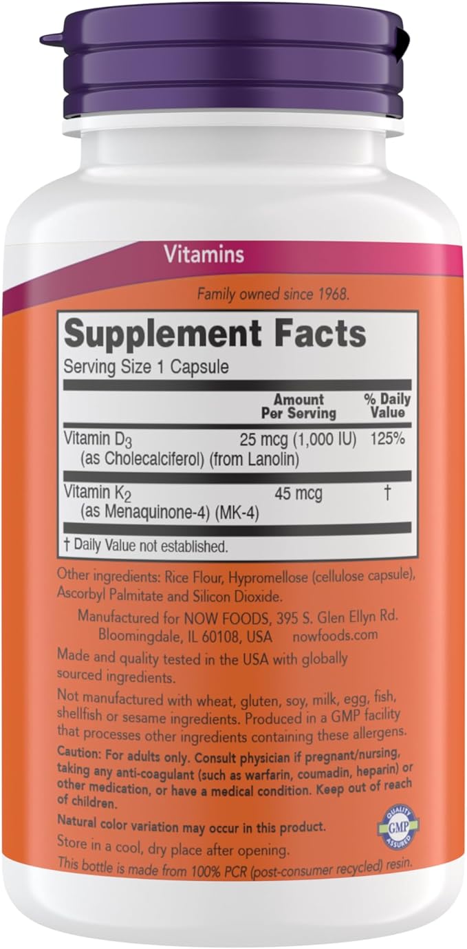 Now Supplements Vitamin D3 K2, 1,000 IU/45 mcg, Cardiovascular Support, Supports Bone Health, 180 Vegetarian Capsules - Vegan, Gluten Free, Kosher Vitamin D3 and K2 Supplements (Pack of 1)
