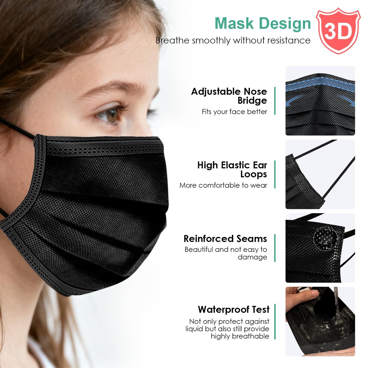 NNPCBT Kids Face Mask Disposable Black 100 PCS 3 Ply Children Boys Girls Face Masks with Earloops