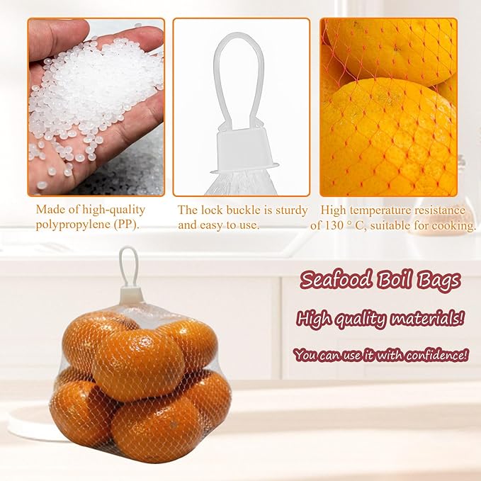 Limso 100 PCS Seafood Boiling Bags, 24 Inch Seafood Bag Onion Bag Mesh Nylon Netting, Reusable Mesh Produce Bags, With 100 Pcs Loop-Style Closures (White)