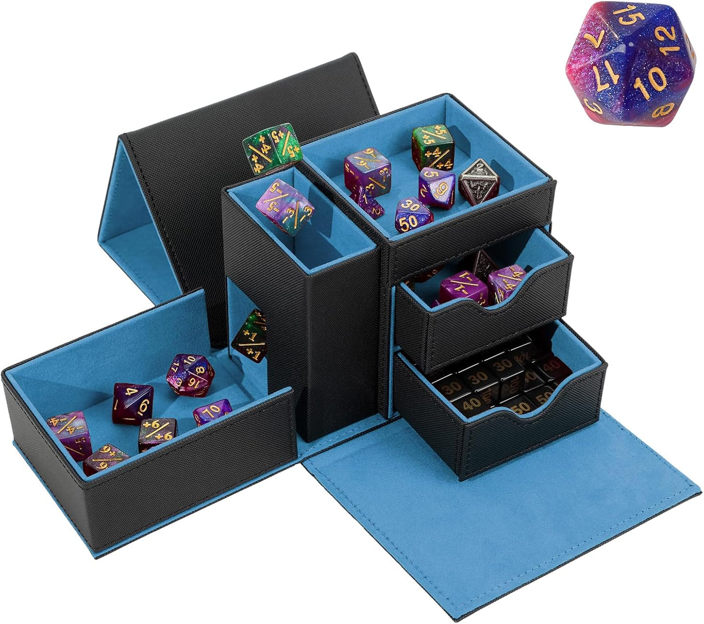 Dice Tray & Dice Tower Storage Box, 3 in 1 Dice Holder Case (Dice Rolling Tray, Dice Rolling Tower, Dice Storage Drawers), Leather Magnetic Closure DND Accessories Gifts for RPG MTG, Black/Blue