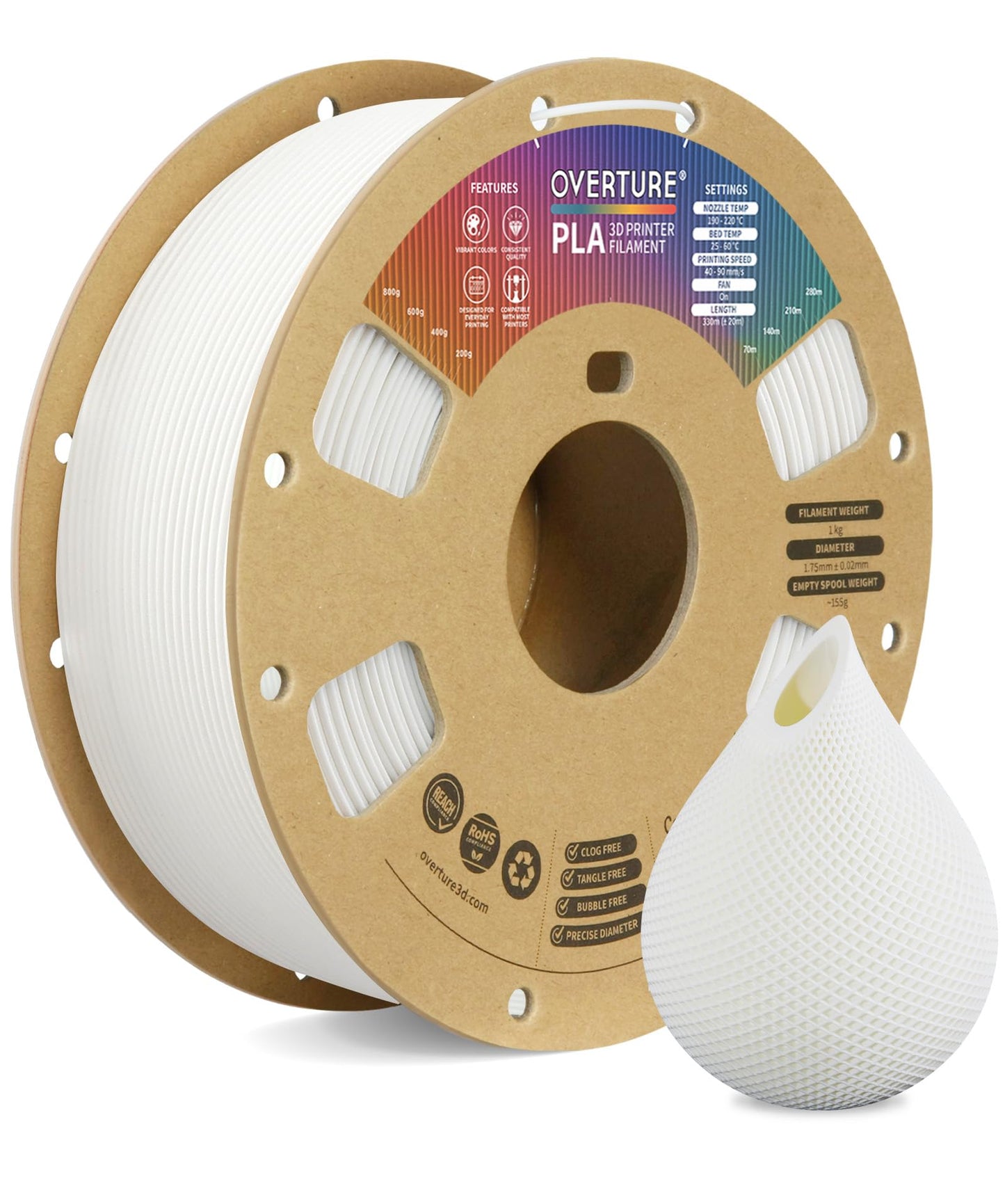 Overture Pla Filament 1.75Mm Pla 3D Printer Filament, 1Kg Cardboard Spool (2.2Lbs), Dimensional Accuracy +/- 0.02Mm, Fit Most Fd