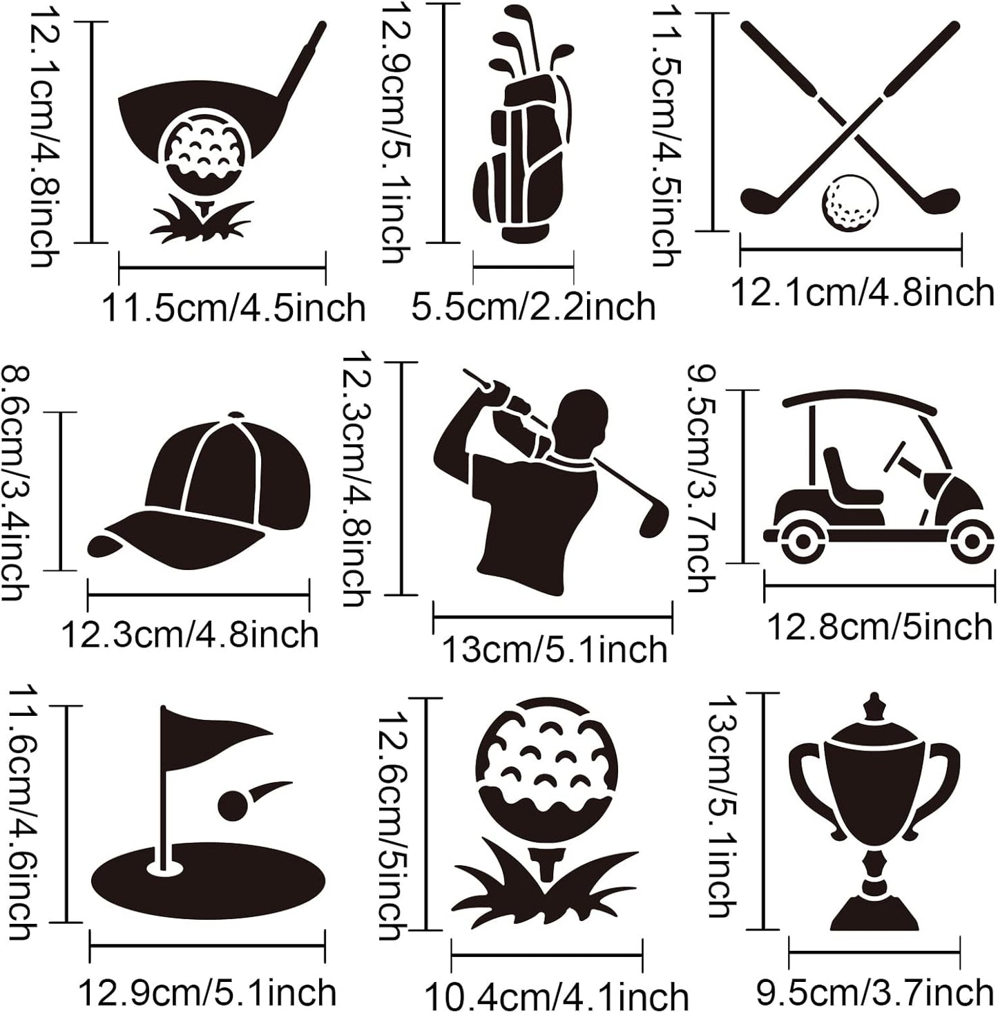 MAYJOYDIY 9PCS Golf Stencils Set - 6x6inch Golf Cart Caddy & Club Template - Washable PET Material for T-Shirts, Albums, Cards & Painting