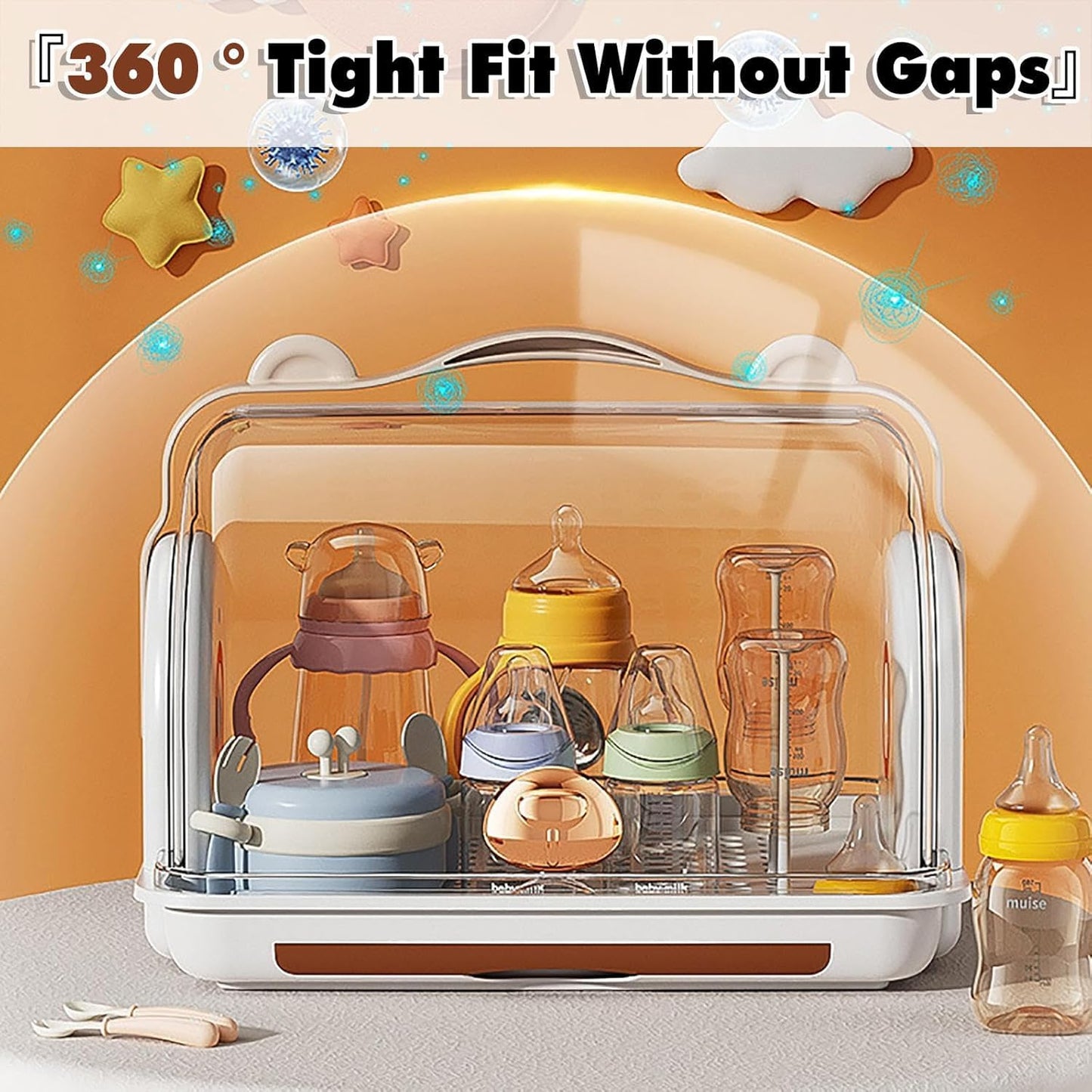 Nollapo Baby Bottle Drying Rack Storage with 3 Brush, Nursing Bottle Storage Box Organizer with Cover, Portable Kitchen Cabinet Organizer, Durable countertop Dryer (Orange)