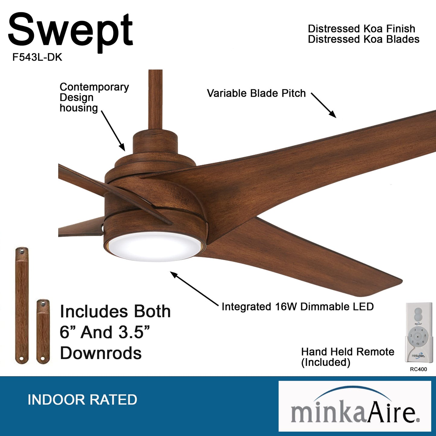 Minka-Aire F543L-Dk Swept 56 Inch Ceiling Fan With Integrated 20W Led Dimmable Light And Additional 3.5 Downrod In Distressed Ko
