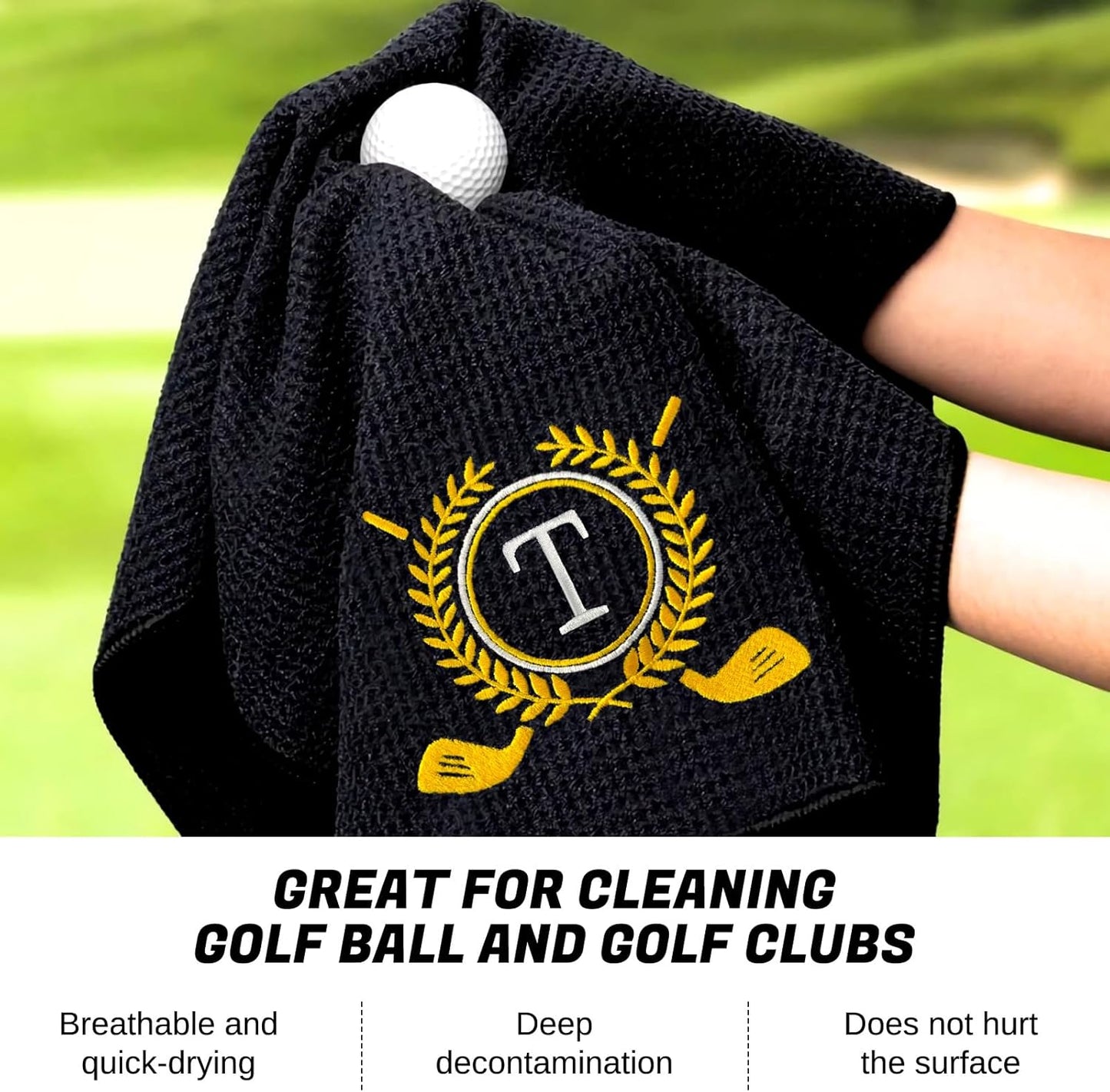 Personalized Golf Towels for Golf Bags - Microfiber Monogrammed Golf Towels for Men/Women, Retractable Brush Tool Kit with Club Groove Cleaner, Custom Golf Accessories for Golfers (Initial T)