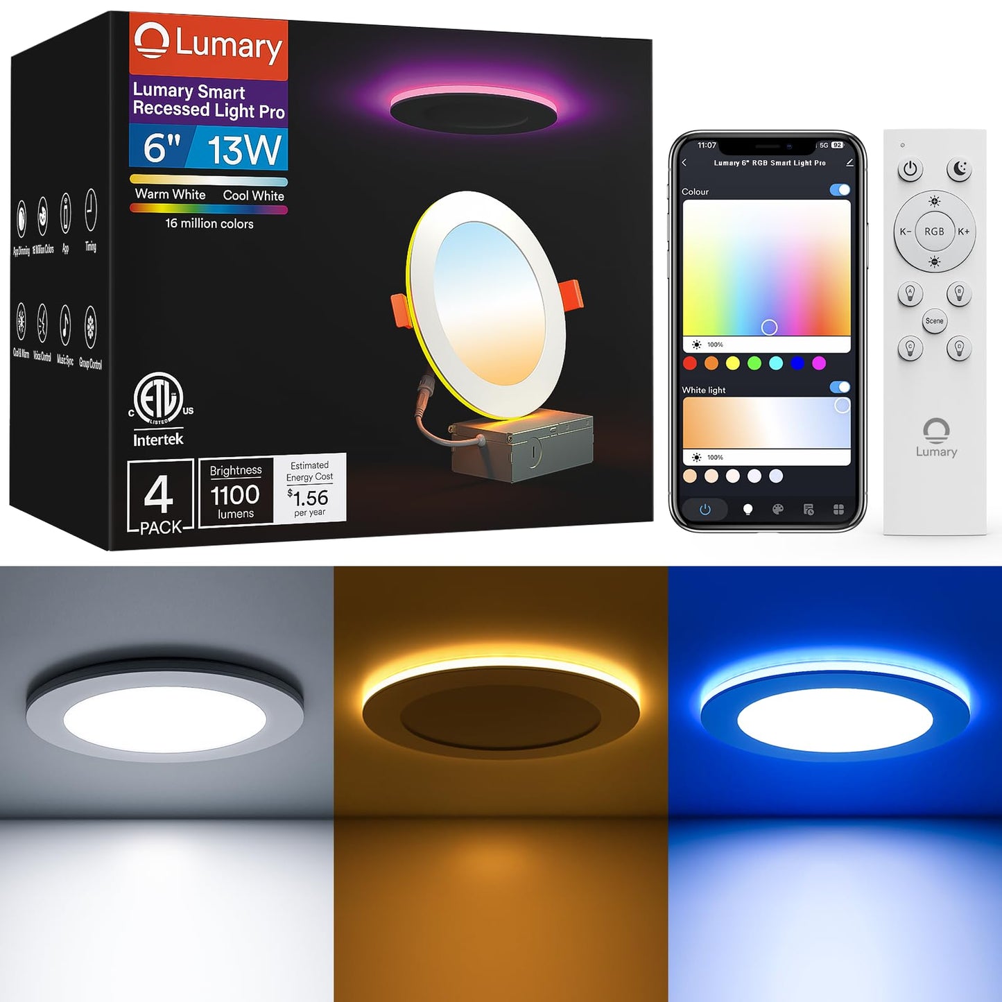 Lumary Smart Recessed Lighting Pro 6 Inch with RGB/Night Ring, 13W 1100LM Smart WiFi RGBWW LED Downlight, Canless with Junction