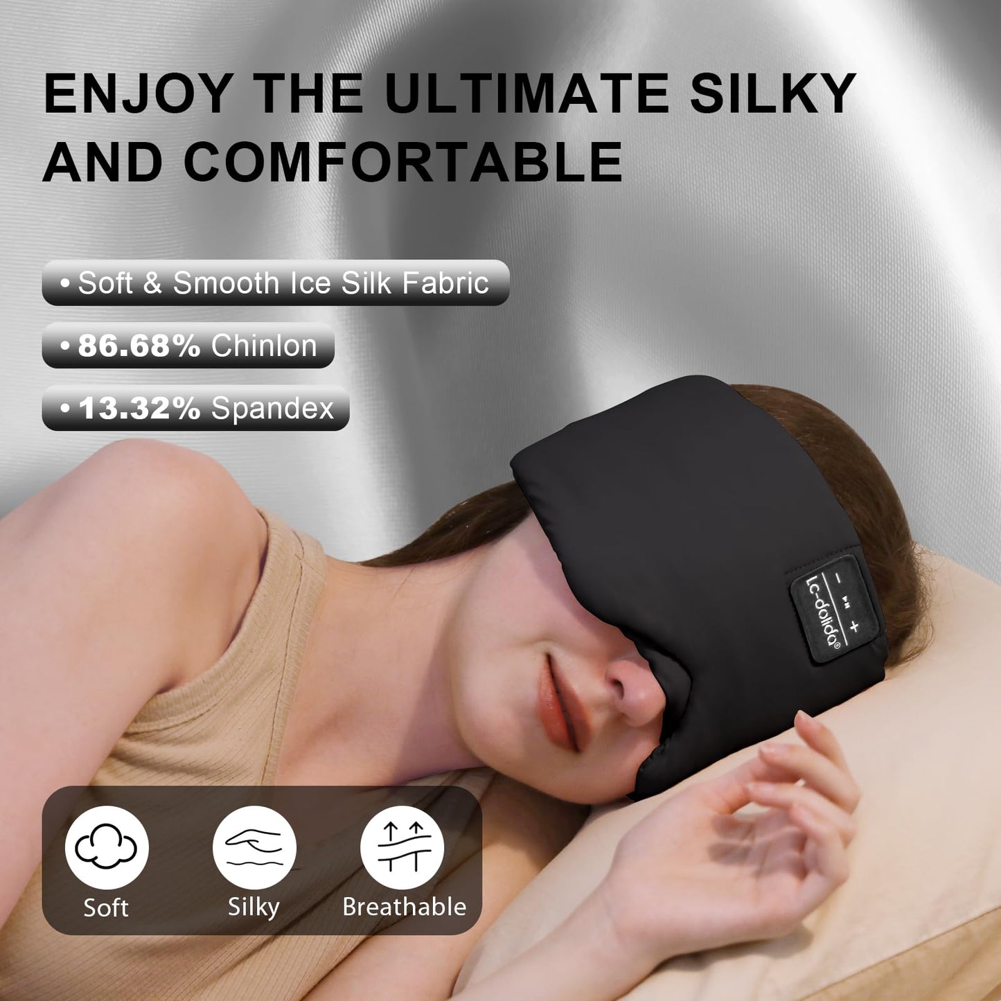 LC-dolida Sleep Mask with Bluetooth Headphones, Ice Silk Sleep Headphones with Bluetooth 5.4, Total Blackout Eye Mask for Sleeping, Sleep Soft Mask for Women Men, All Night Sleep, Travel(Black)