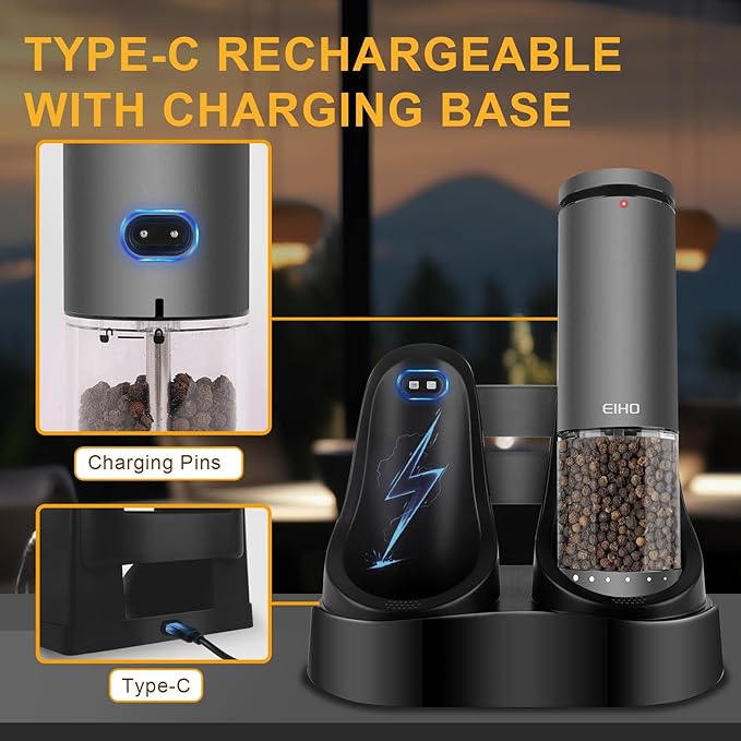 Electric Salt and Pepper Grinder Set Rechargeable, External Adjustable Coarseness, Automatic Salt & Pepper Shakers Mills, Kitchen Gadgets,Stocking Stuffers Christmas Cooking Gifts for Adults Men Women