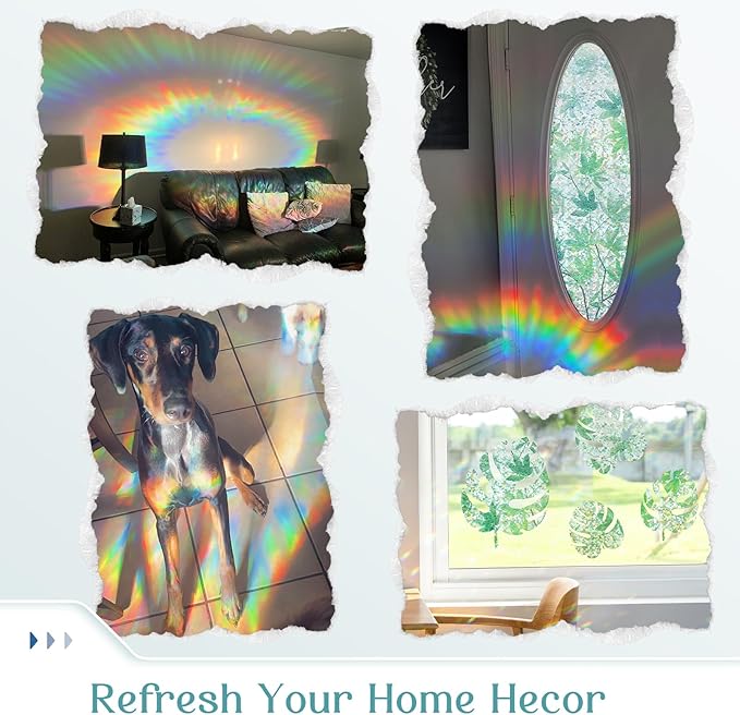 Haton Window Privacy Film, Rainbow Decorative Film, Stained Glass Window Clings, Static Cling UV Blocking Heat Control Tint Sticker for Home Door, Leaf Rainbow, 35.4" x 157.4" Non-Adhesive