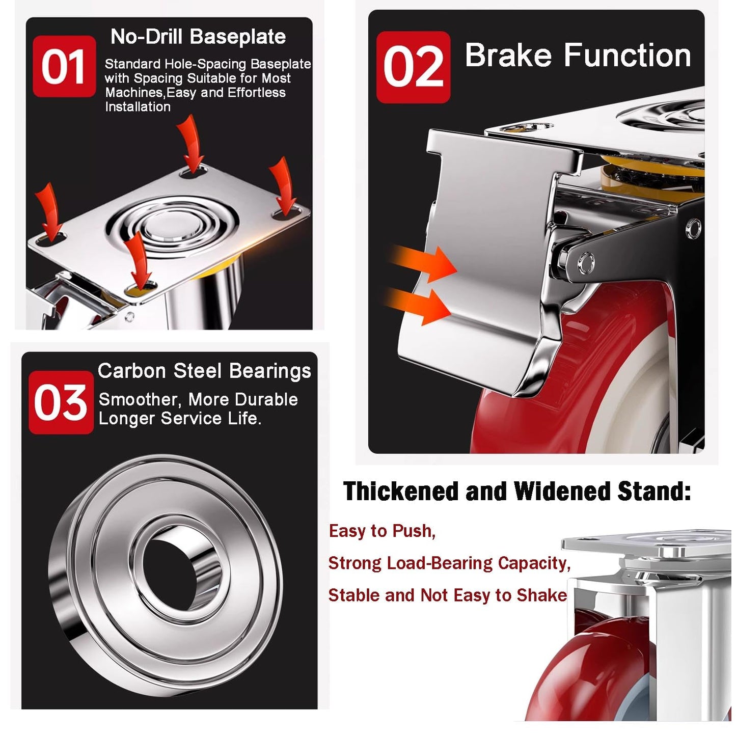 4 inch Casters Load 2400lbs -Includes 2 Sets of Adaptive Screws -Lockable Bearing Plate Heavy Duty Caster with Brakes, 360-degree Swivel for Furniture and Workbench Cart, Set of 4