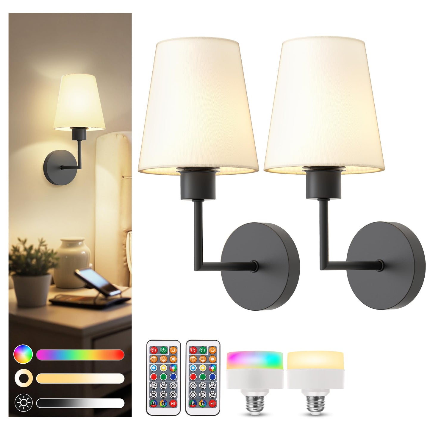 Doresshop Battery Operated Wall Sconce Set Of 2  Wall Light Wireless Easy To Install  Dimmable And Adjustable Sconces Wall Decor  Rechargeable Wall Lamp For Bedroom  Living Room  Black 13.8In