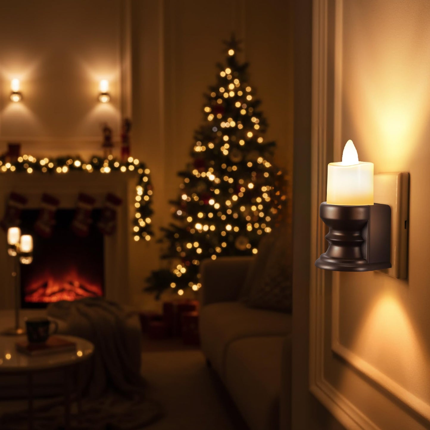 Meonum Flickering Flameless Candle Night Light Plug in, Dimmable LED Nightlight with Dusk to Dawn Sensor, Decorative Candle Light for Bedroom, Hallway, Bathroom(4 Pcs,Warm Yellow & Brown Base)