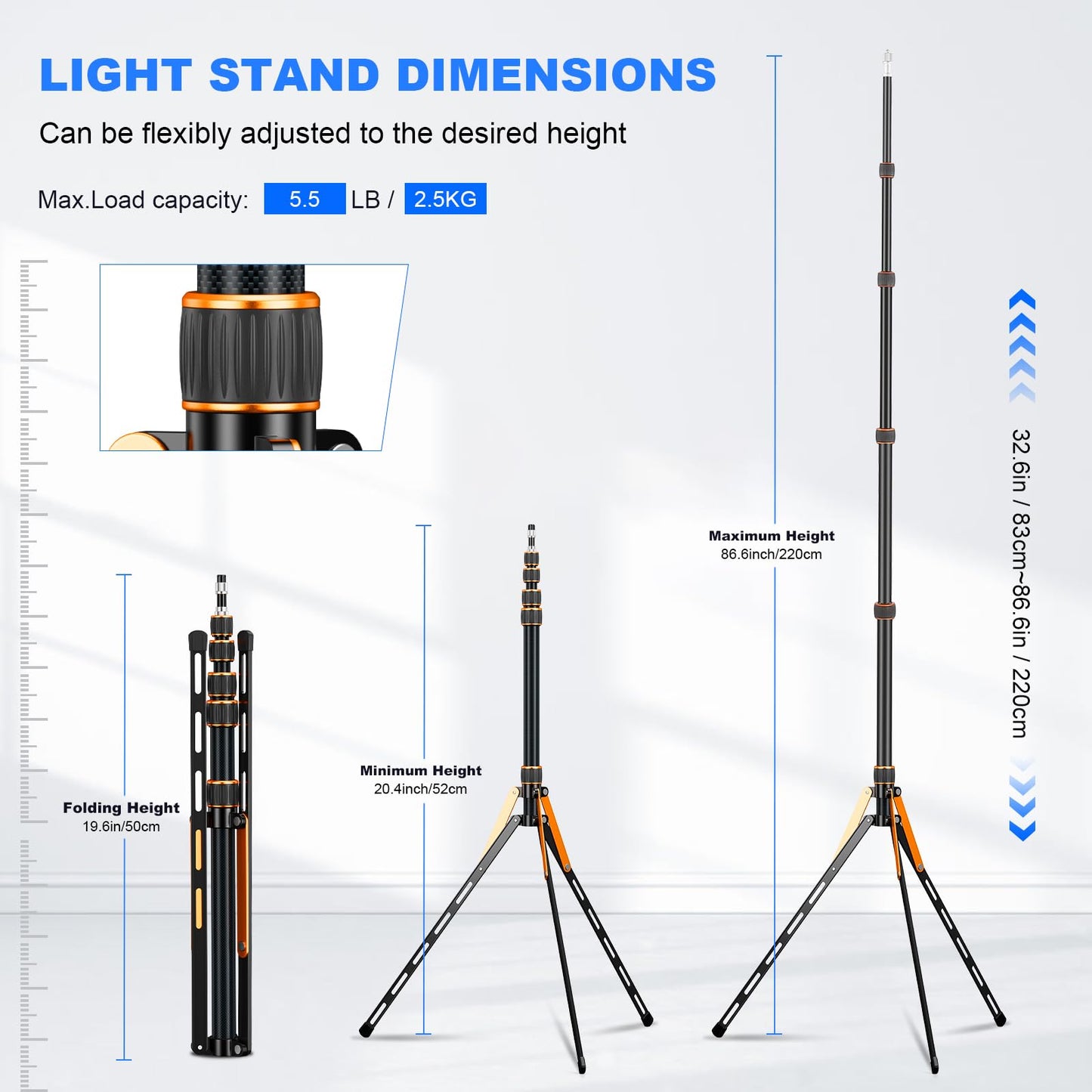 Carbon Fiber Extendable Travel Light Stand 7.2ft / 2.2m Sturdy Light Weight Portable Tripod Light Stand with Carry Bag for Photography Studio Outdoor Shooting Speedlight Flash Reflector Ring Light