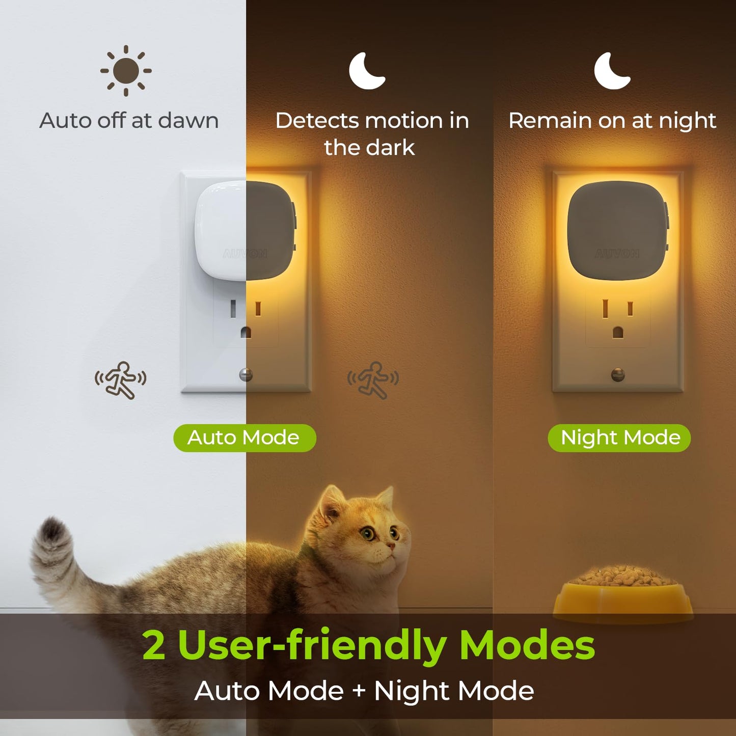AUVON LED Backlit Night Light with Motion Sensor, Dimmable Amber, 1-50 lm Brightness, Model N001A, 4 Pack