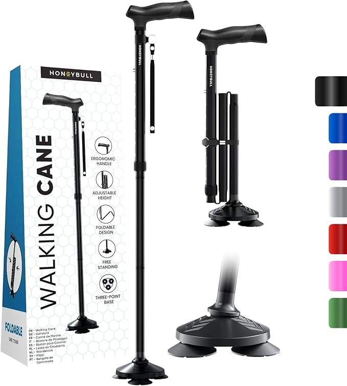 HONEYBULL Walking Cane for Men & Women Foldable, Adjustable, Heavy Duty, Free Standing, All Terrain, Collapsible Walking S...