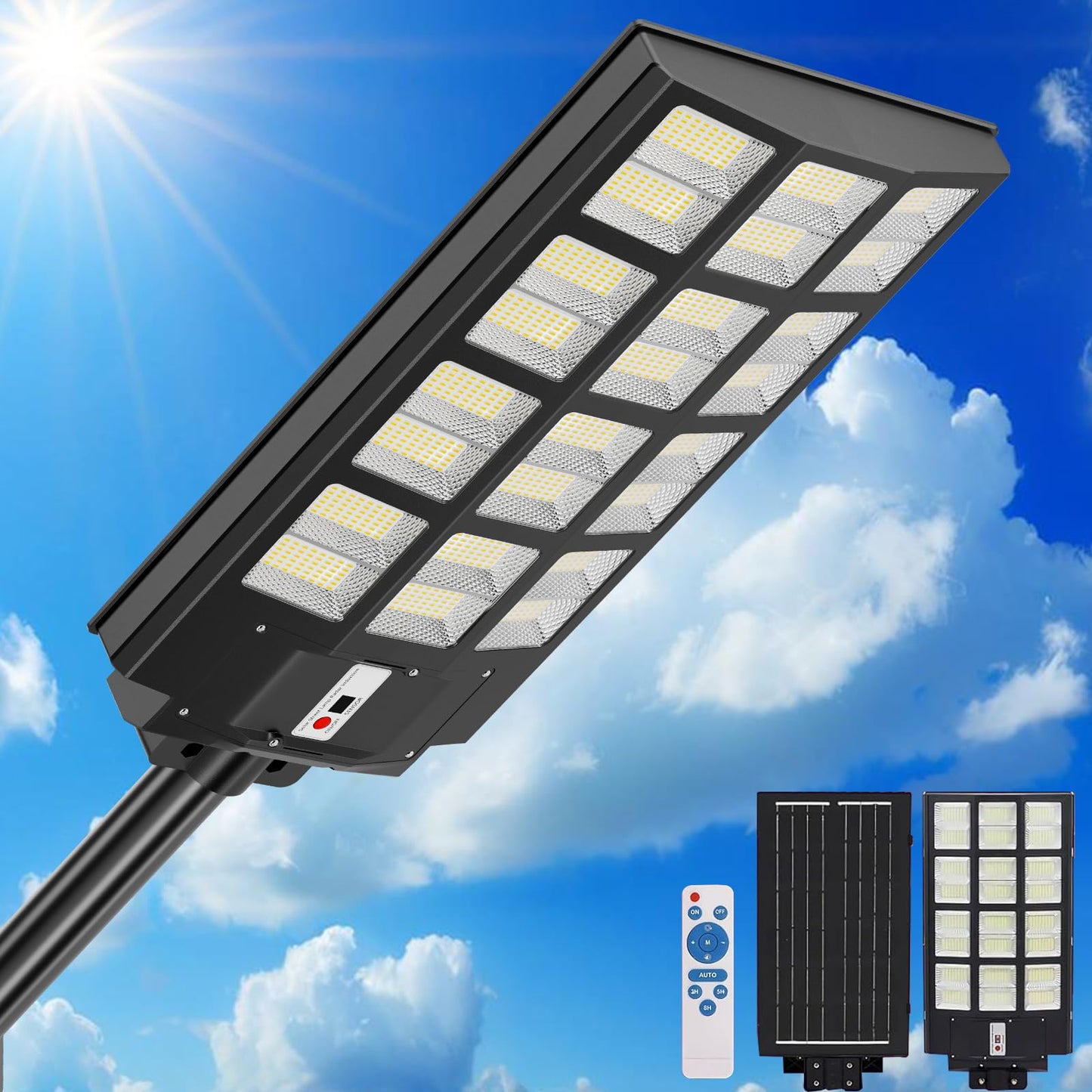 Qoeudd 12000W Solar Street Light, Ip66 Waterproof, 600000Lm, Remote Control, Dusk To Dawn For Courtyard, Garden, Yard