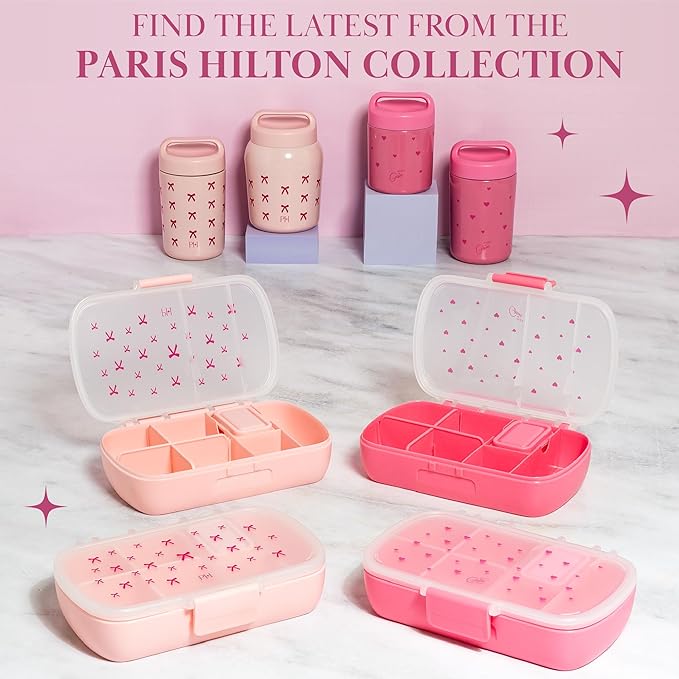 Paris Hilton Stainless Steel Food Jar, Double Wall Vacuum Sealed Insulated Food Storage Container with Carry Handle Lid, 12-Ounce, Pink with Bow Design