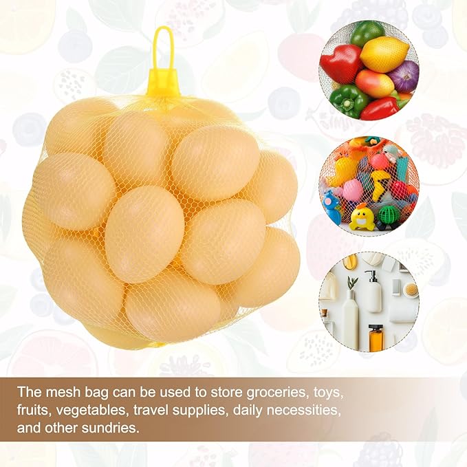 uxcell 100Pcs Reusable Produce Mesh Bags, 40cm Mesh Nylon Netting with Loop-Style Closures, Stretchable Egg Hatching Bags for Fruit Vegetable Storage, Yellow