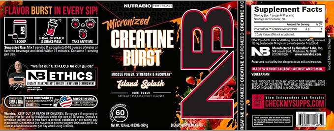 NutraBio Pure Micronized Creatine Monohydrate Powder Supplement, Island Splash, (300 g) - Supports Bulk Muscle Energy, Recovery, and Strength - HPLC Tested Creatine Powder Supplement for Men and Women