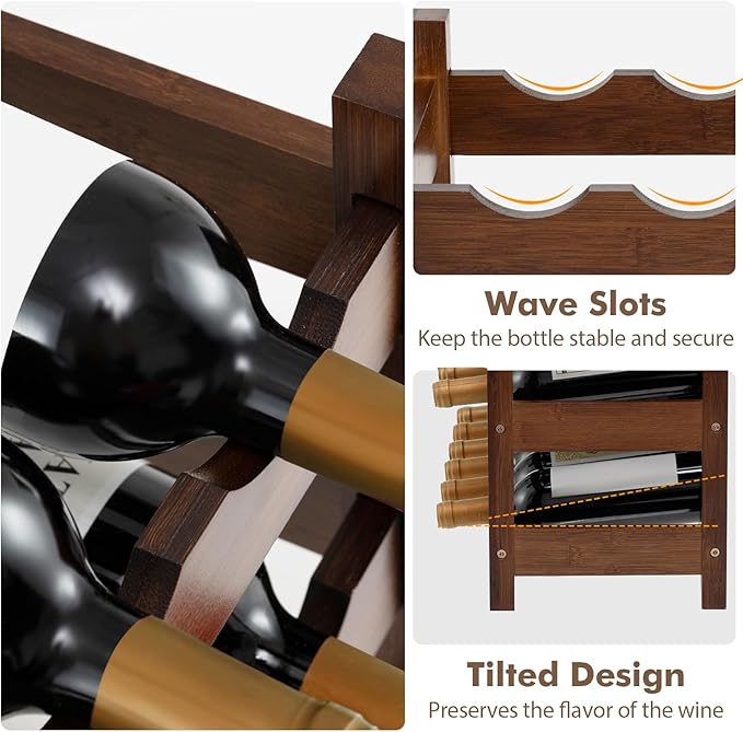 Giantex Bamboo 3-Tier 18-Bottle Wine Storage Cabinet Shelf, Countertop Wine Rack for Kitchen, Bar, Pantry & Wine Cellar, Coffee