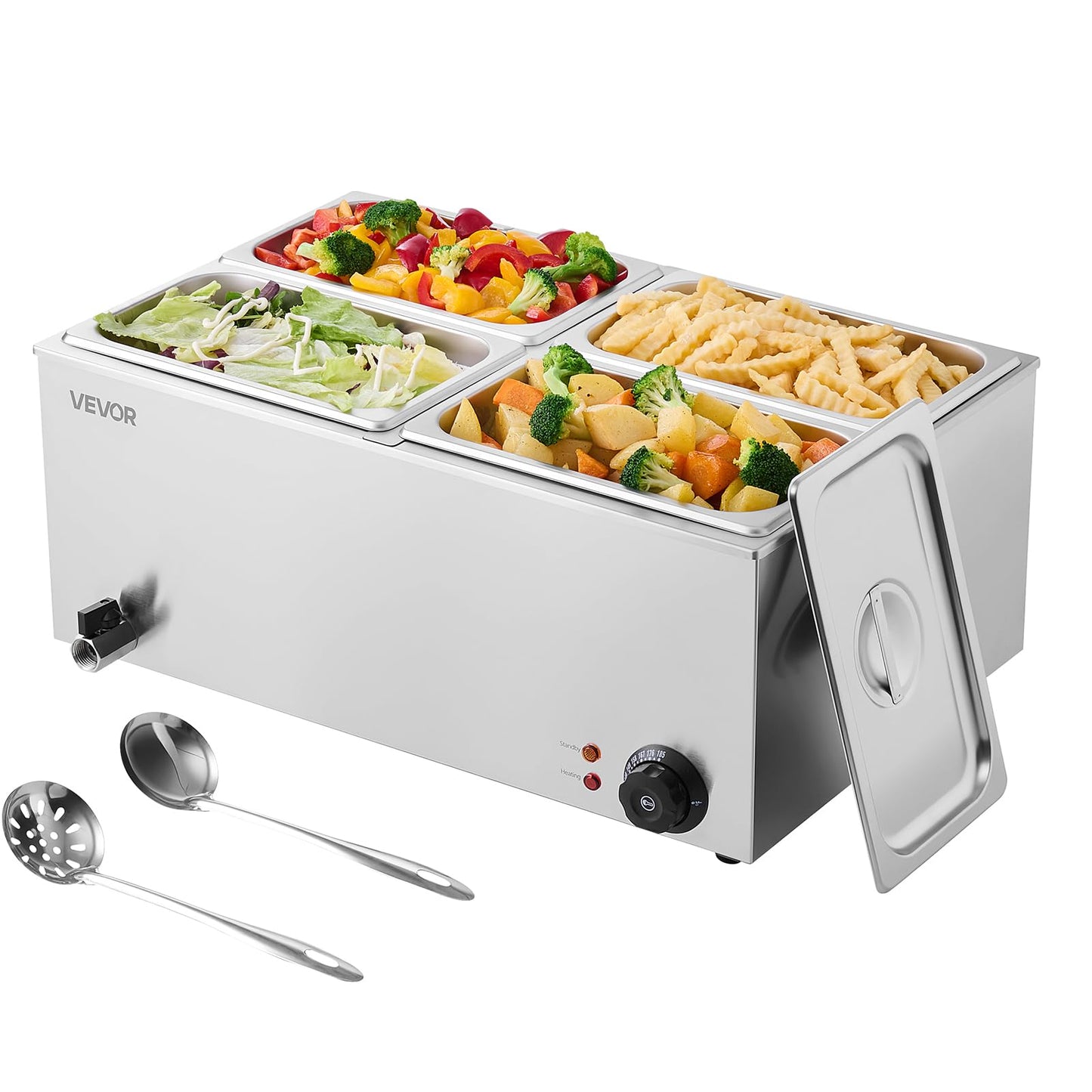 VEVOR 4-Pan Commercial Food Warmer, 24QT Electric Steam Table, 1200W Professional Countertop Stainless Steel Buffet Bain Marie with 86-185°F Temp Control for Catering and Restaurants, Silver