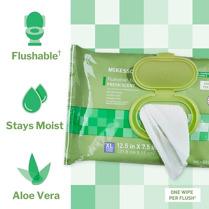 McKesson Flushable* Adult Wet Wipes XL – 576 Wipes (12 Pack of 48) – Aloe & Vitamin E, Plant-Based Cleansing Wipes, Scented, Extra Large