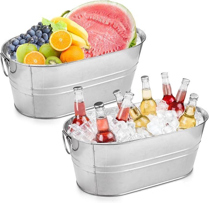 MIVIDE 2 Pack 3.3 Gallon Galvanized Tub Ice Bucket Metal Champagne Drink Bucket with Handles Galvanized Ice Buckets for Pa...