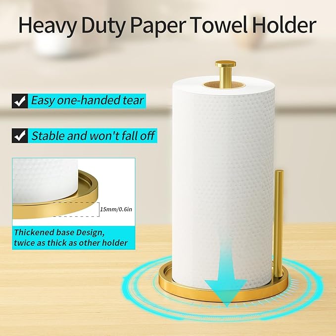 Paper Towel Holder Countertop, Standing Paper Roll Holder with Anti Slip Weighted Base, Stainless Steel Freestanding Paper Towel Holder for Kitchen, Gold