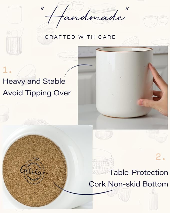 getstar Kitchen Utensil Holder, Large Ceramic Cooking Utensil Holder (H7.2” x W6.2”) for Kitchen Counter with Cork Mat at Bottom (White)