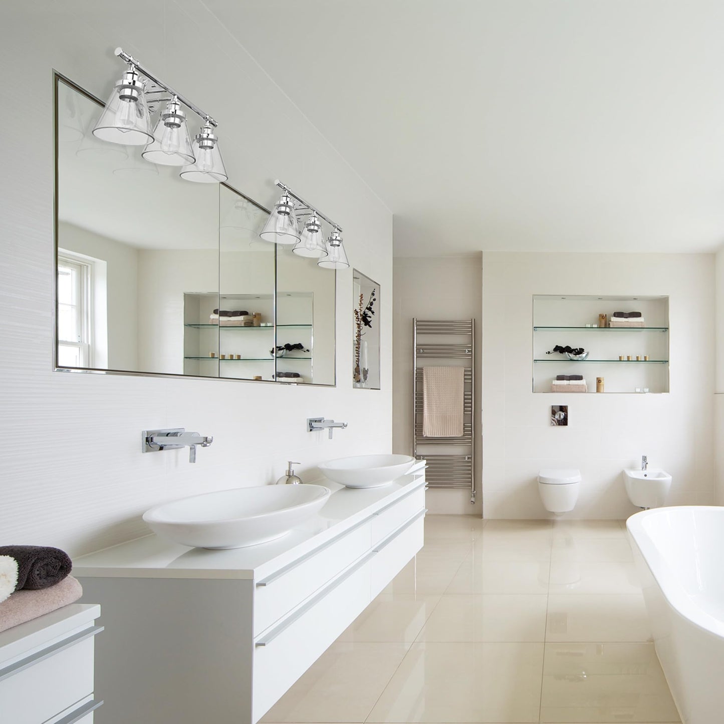 Globe Electric 51234 5-Piece All-In-One Bathroom Set  Chrome  23 3-Light Vanity Wall Light With Clear Glass Shades  Towel Bar And Ring  Robe Hook  Toilet Paper Holder  Beauty Room Accessories