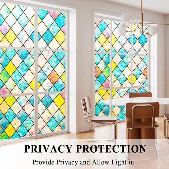 Colorful Stained Glass Window Film 3D Prism Sliding Door Privacy Covering Static Cling Church Tint Decorative Suncatcher Cover Decal No Glue Heat Cotrol Anti Glare Removable Home Office,17.5x157in.