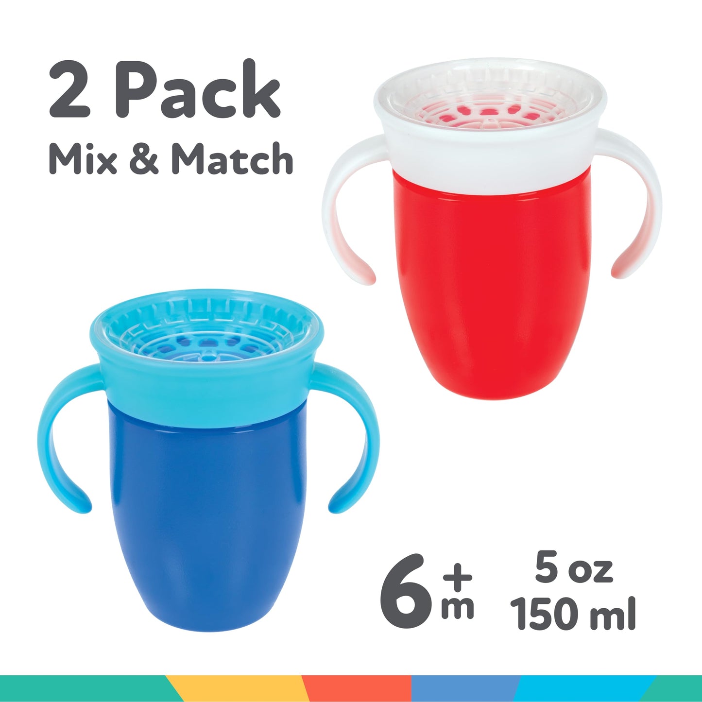 Nuby Wonder Cup with 360 Smart Edge Silicone Rim - Two-Handle Design - (2-Pack) 5 oz - Red/Blue