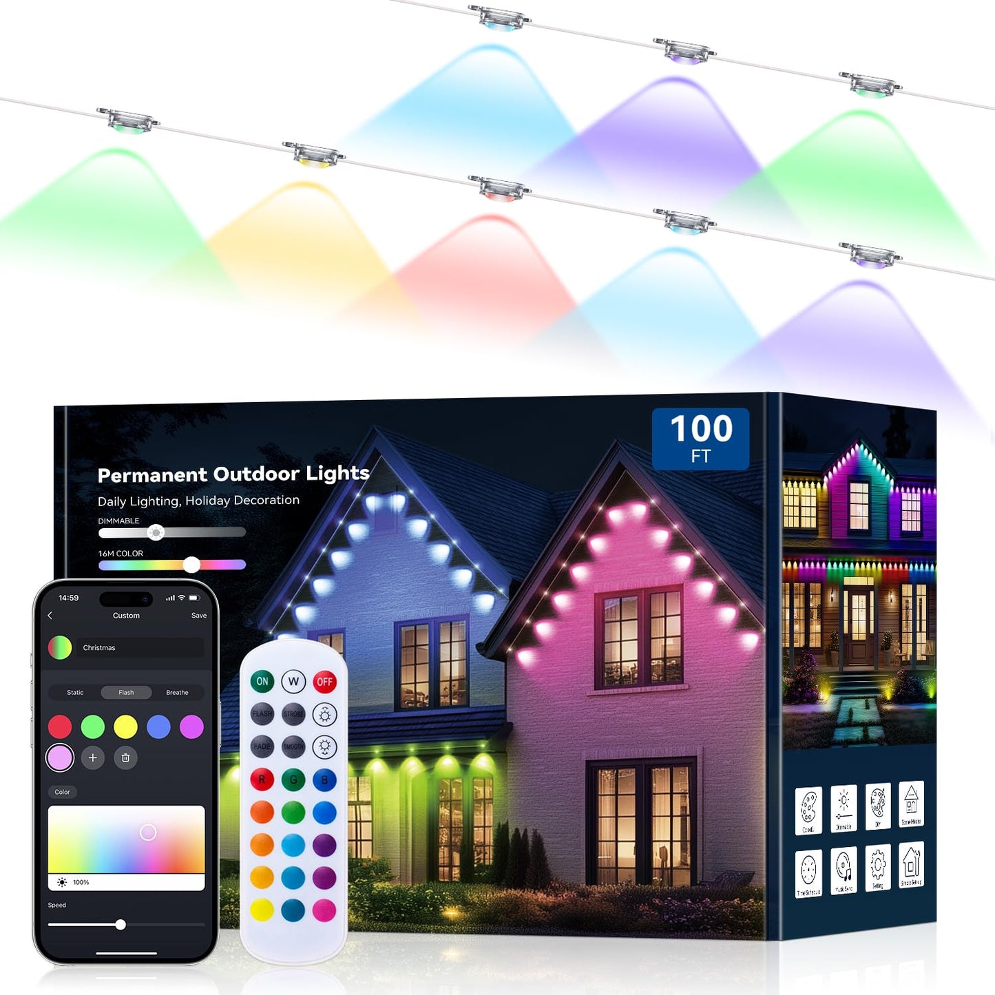 lemonrole 100FT Outdoor RGB Eaves Lights - App Control, IP67 Waterproof, Multicolor, Model 3030