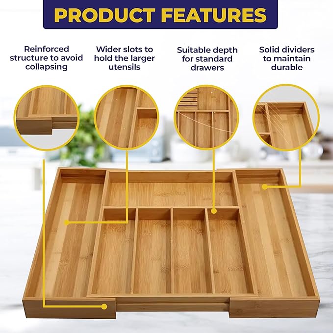 NEW Bamboo Wood Drawer Organizer with Silverware and Knife Block - 12.75-22 x 17 x 2 In (Brown)