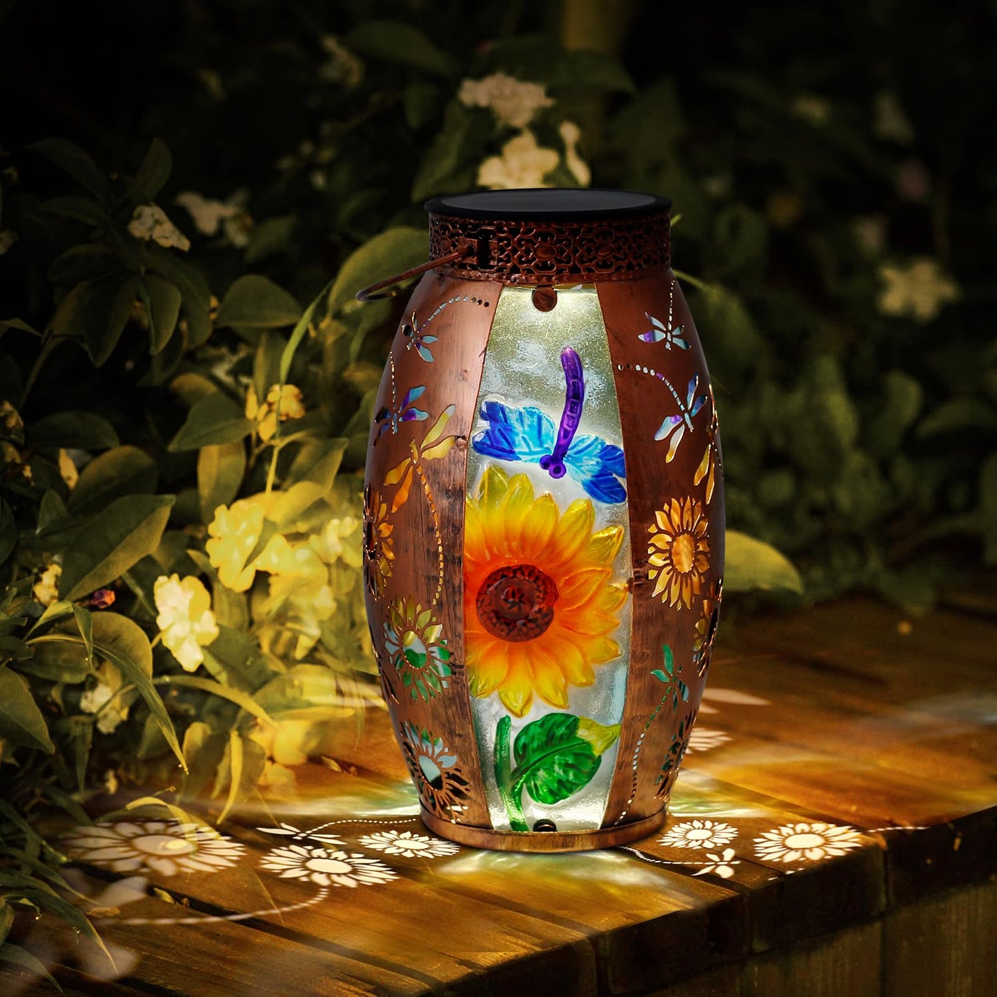 Solar Lanterns Outdoor Hanging Lights Decor Dragonfly Lantern Waterproof Metal Led Sunflower Light Decorative Garden Yard Patio Lawn Gifts For Women Mom