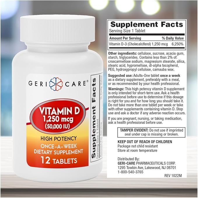 GeriCare Vitamin D 1,250mcg (50,000 IU) High Potency Once-A-Week Dietary Supplement, 12 Count (Pack of 1)