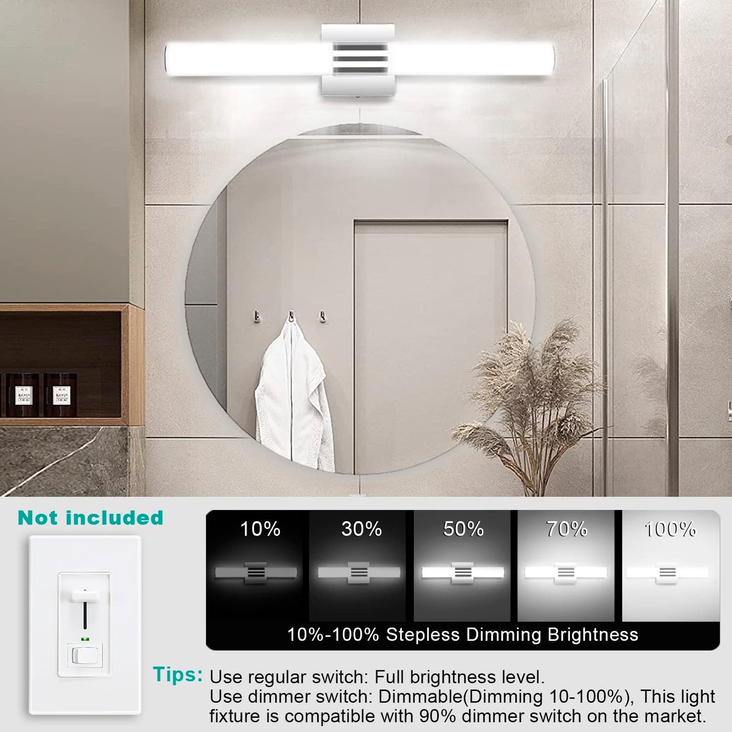Trlife Led Bathroom Vanity Light 24In, Dimmable 12W Cool White, Stainless Steel, Model Vanityled-60Cm